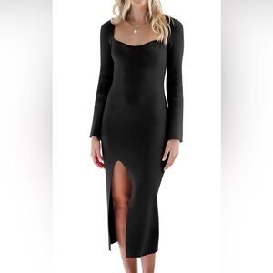 Black Ribbed Long Sleeve sweetheart Midi Dress with Front Slit